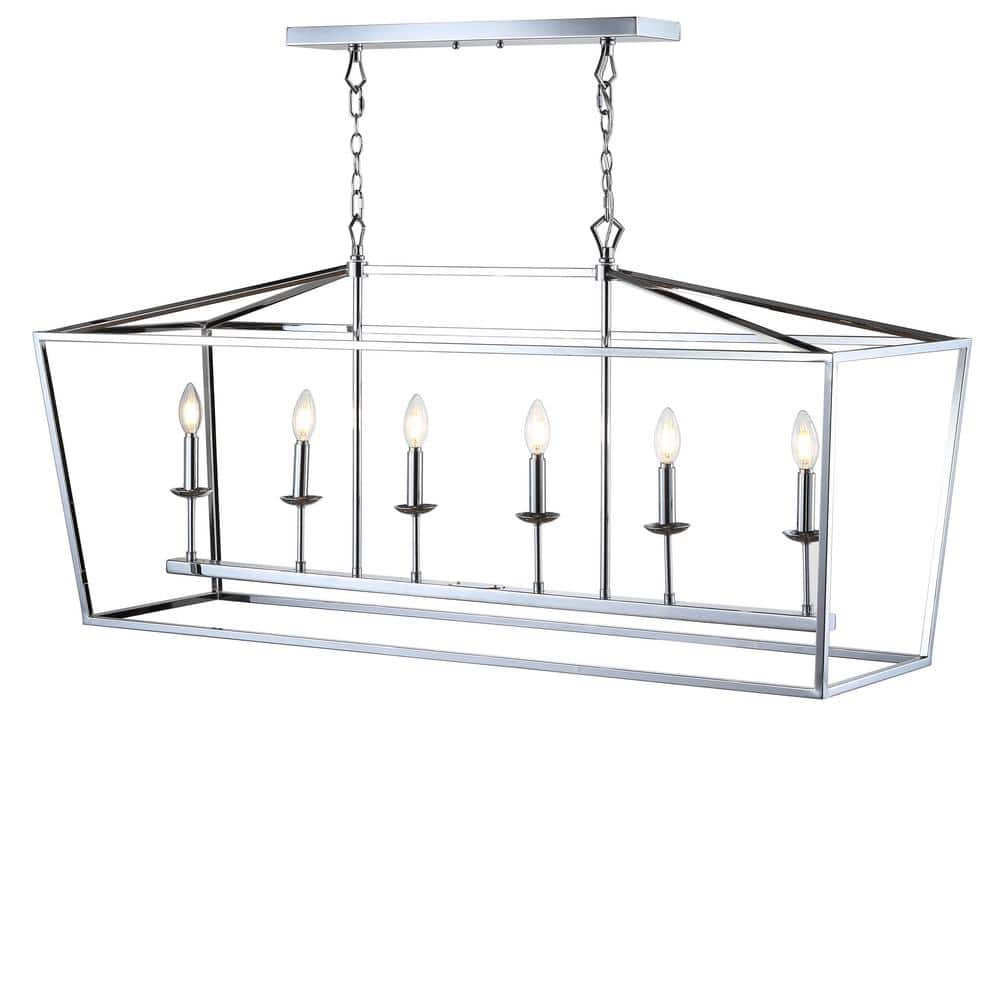 Pagoda-Inspired Chrome 49" Linear LED Pendant with 6 Candle Bulbs