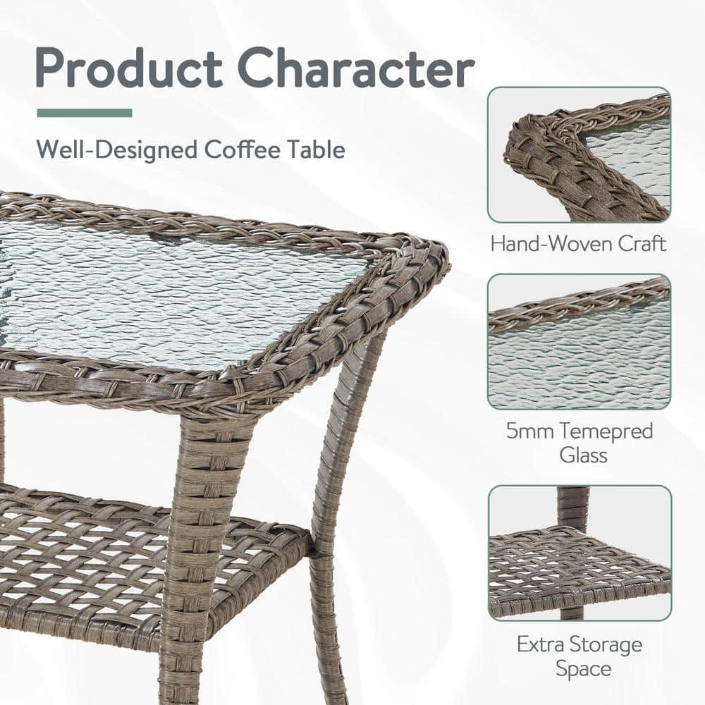 Carlos Gray Steel and Wicker Outdoor End Table with Glass Top