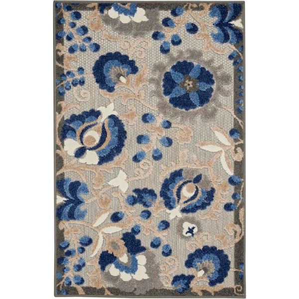 Aloha Blue doormat 3 ft. x 4 ft. Floral Modern Indoor/Outdoor Patio Kitchen Area Rug