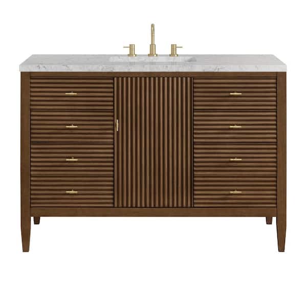 James Martin Vanities Myrrin 48.0 in. W x 23.5 in. D x 34.06 in. H Single Bath Vanity Mid-Century Walnut and Eternal Jasmine Pearl Quartz Top
