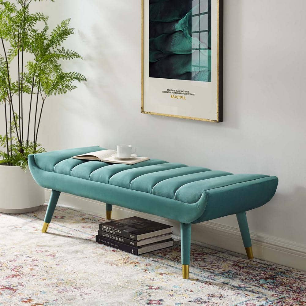 Teal Velvet Channel Tufted Accent Bench with Gold Legs