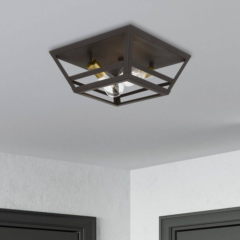 Bronze and Antique Brass 2-Light Flush Mount with Metal Shade
