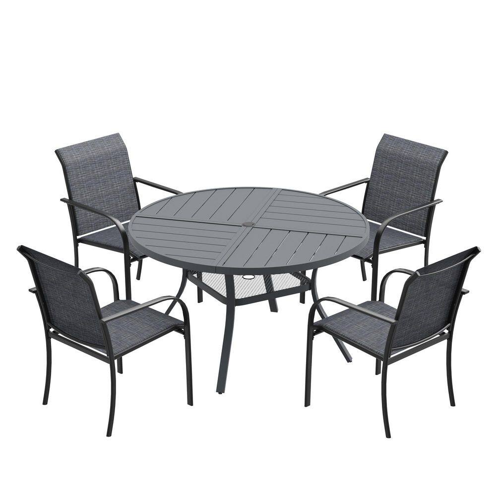 5-Piece Outdoor Patio Dining Set with 40.6 in. Grey Round Table and 4-Grey Dining Chairs