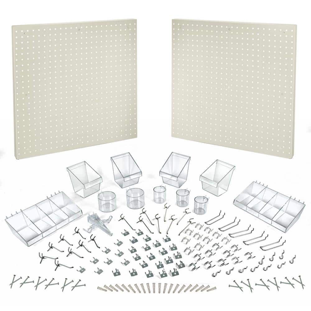 24 in. H x 48 in. W White Pegboard Wall Organizer Kit with Hooks and Bins for Garage Tools (125-Piece) - 1