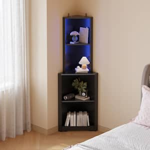 Corner Book Shelf with USB Ports and LED Lightline 65 in. Tall Black Particle Board 4-Shelf Display Bookcase