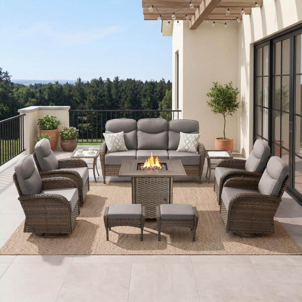 Rivieral Brown 10-Piece Wicker Outdoor Conversation Swivel Chair Set, Patio Fire Pit Set with 6 in. Gray Cushions price history on PriceWatchPro