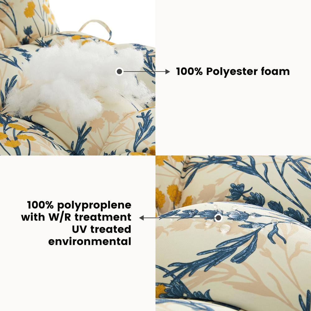 Beige Blue Floral Tufted Outdoor Chair Cushion with Tie Attachment