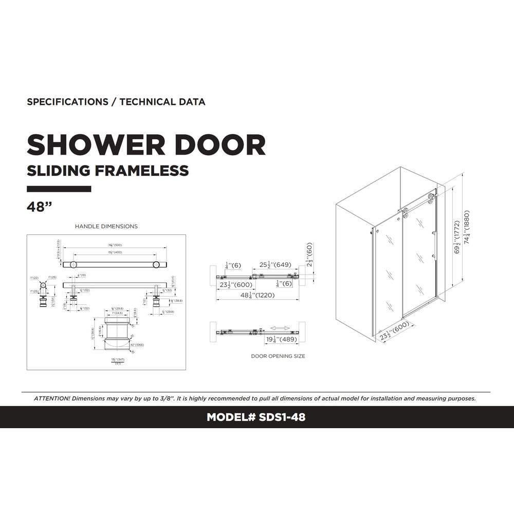 48'' Black Frameless Sliding Shower Door with Tempered Glass