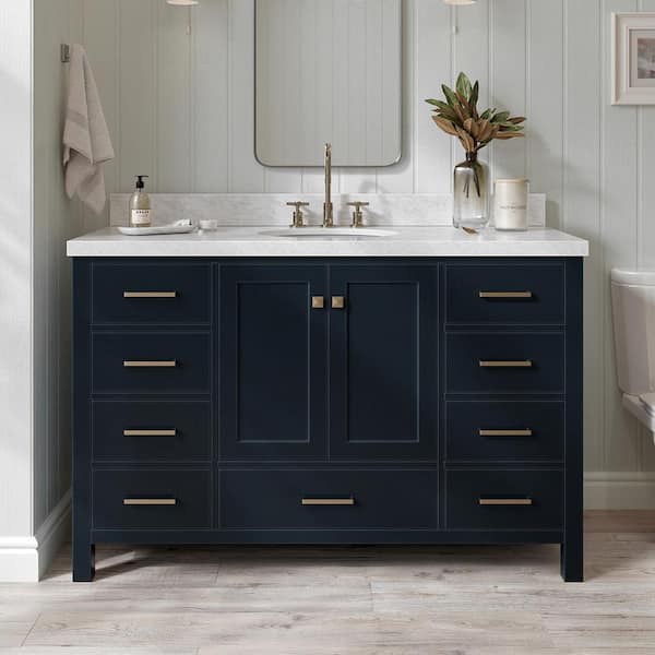 ARIEL Cambridge 55 in. W x 22 in. D x 36 in. H Vanity in Midnight Blue with Carrara White Marble Top