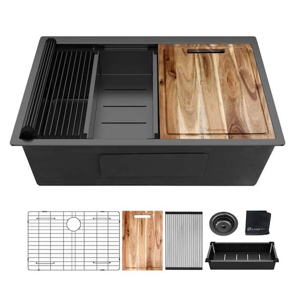Glacier Bay 27 in. Undermount Single Bowl 18 Gauge Gunmetal Black Stainless Steel Workstation Kitchen Sink