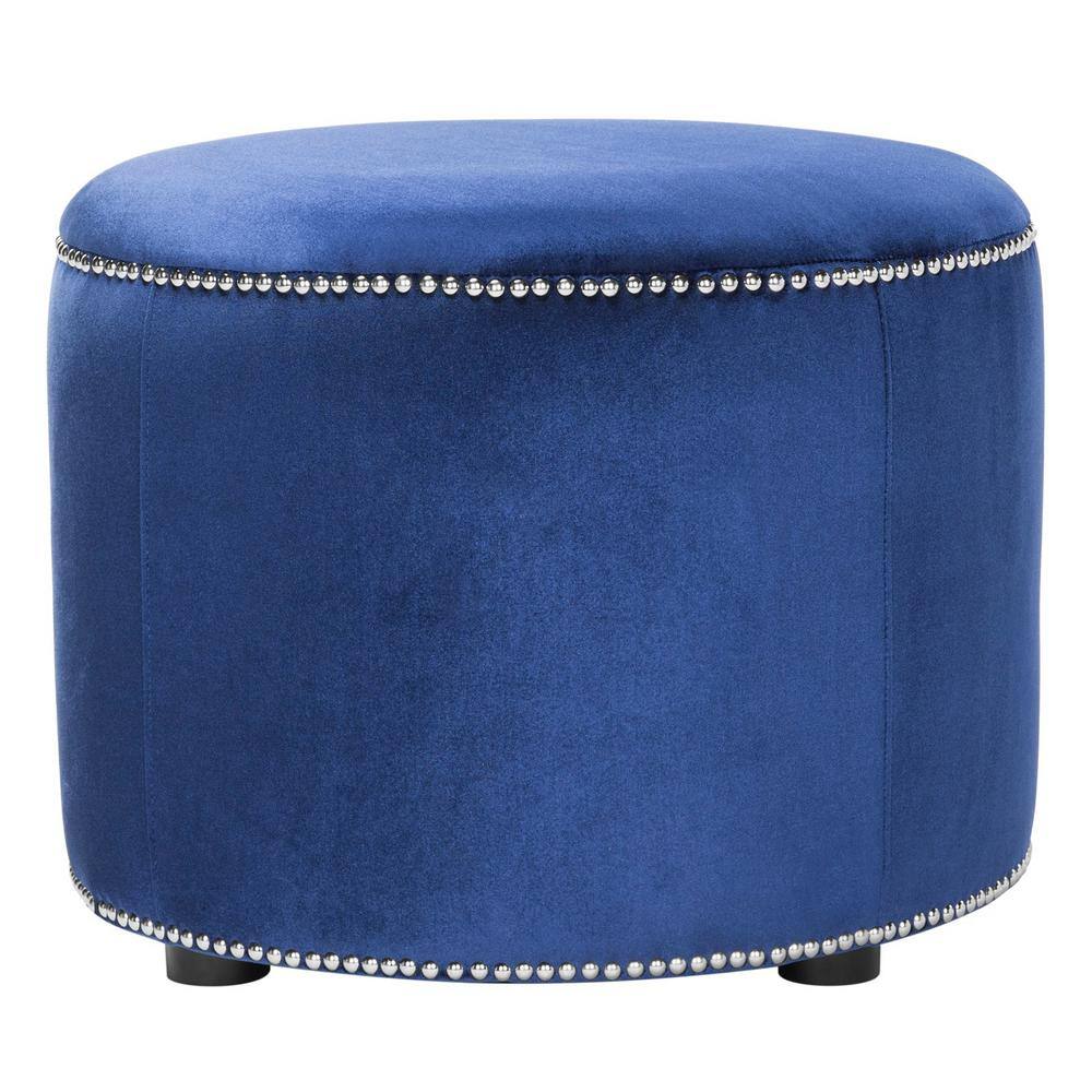 Transitional Royal Blue Velvet Round Ottoman with Nailhead Trim
