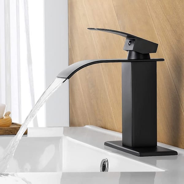Waterfall Spout 1-Handle Low Arc 1-Hole Bathroom Faucet with Deckplate Included in Matte Black