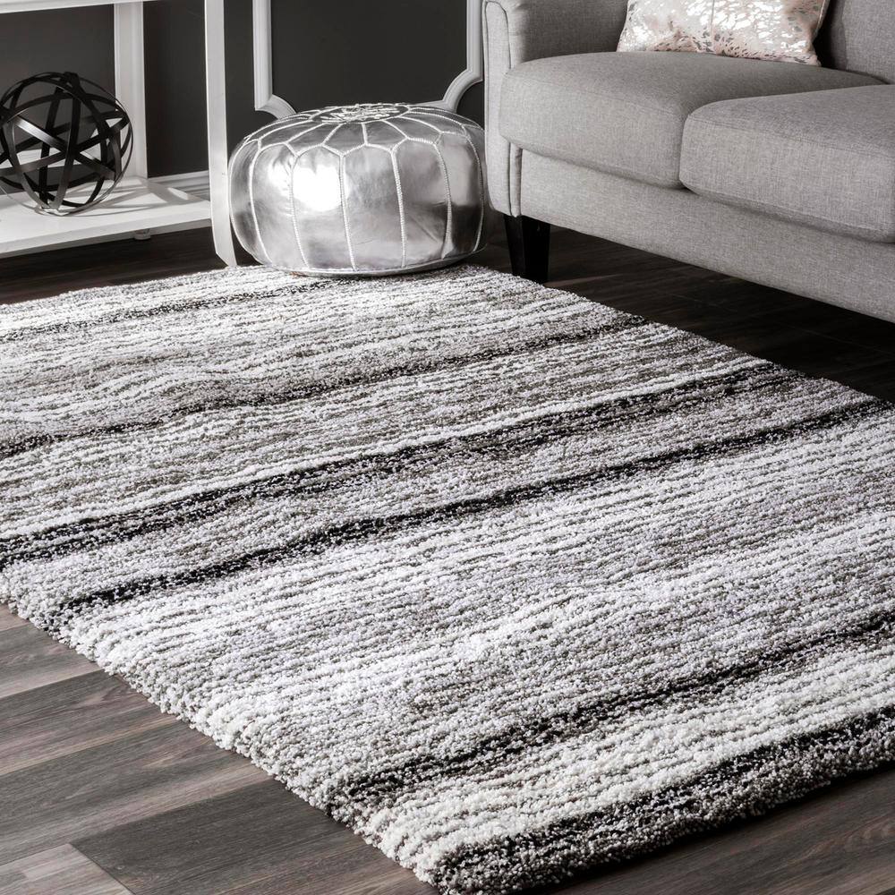 Luxurious Handmade Shag Stripe Area Rug, 10' x 14', Gray Multi
