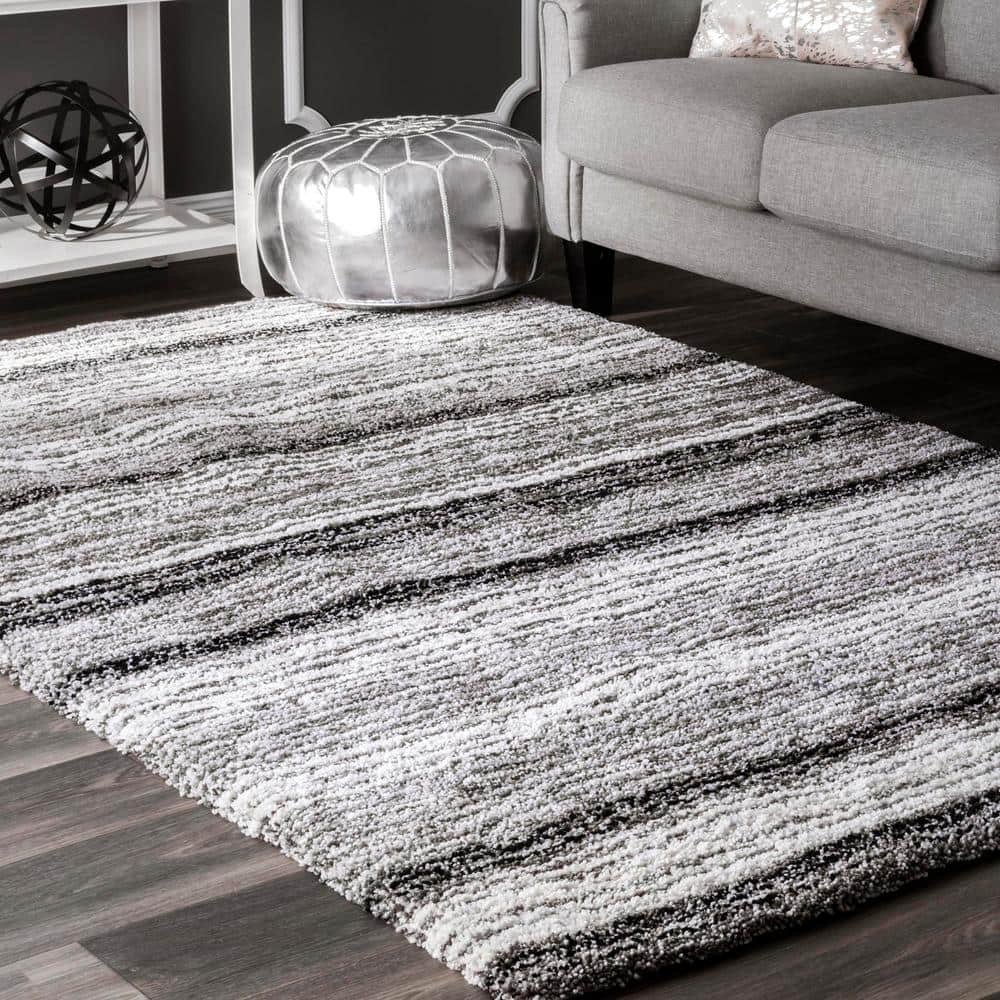 Gray Multi Striped Synthetic Shag Rug, 3' x 5'