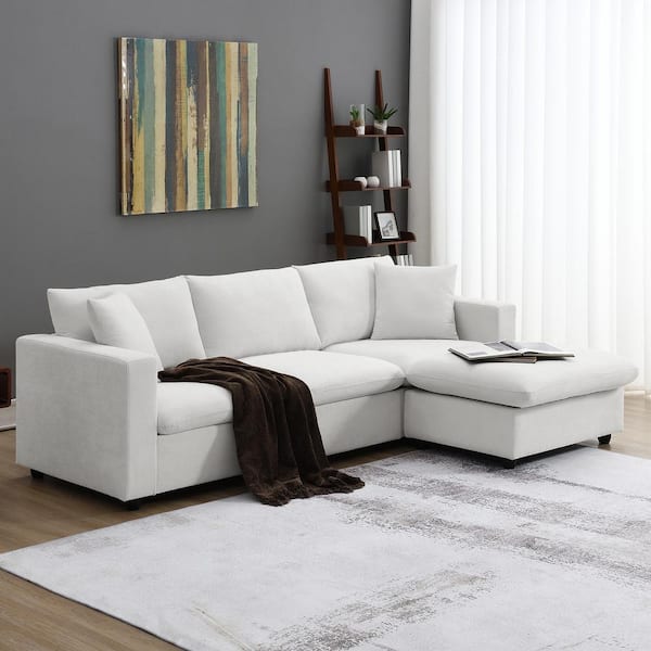 sumyeg 100.4 in. L-Shaped Polyester Sectional Sofa in. White with 2-Pillows and Convertible Ottoman