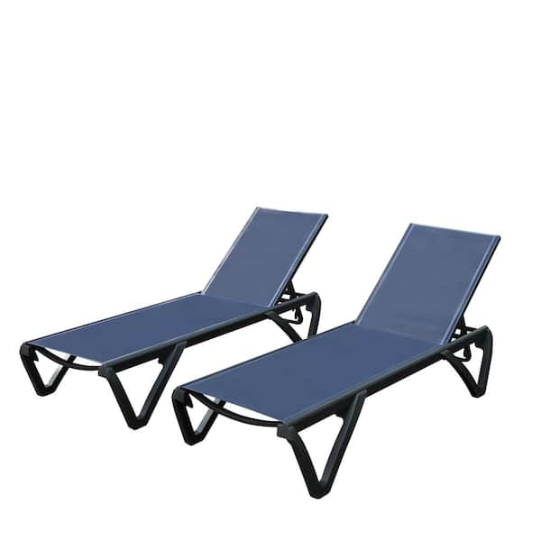 2-Pieces Navy Blue Aluminum Plastic Lounge Chair, Patio Outdoor Chaise Lounge with 5-Position Adjustable Backrest