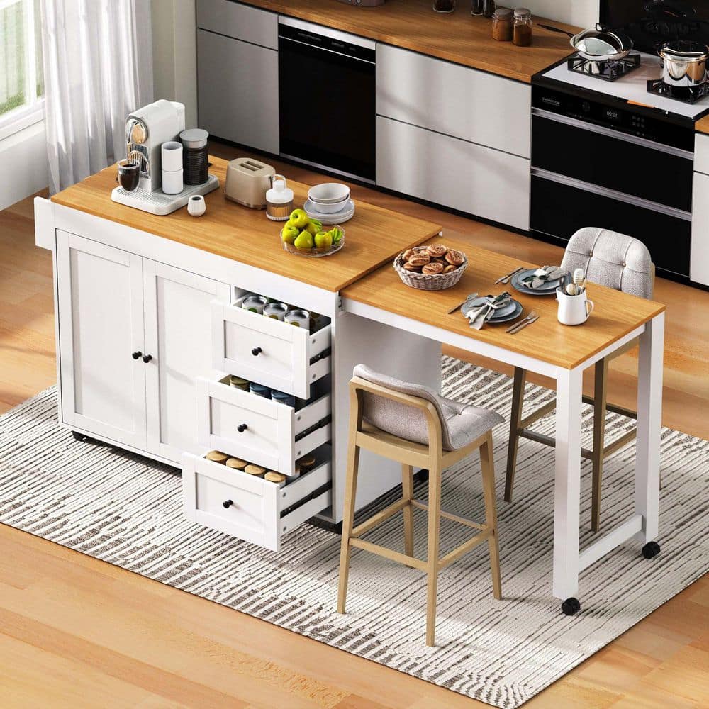 Runesay Farmhouse White Wood 74.8 in. Power Outlet Kitchen Island ...