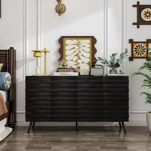 55.1 in. Width Black Rectangle Wooden End Table, Storage Dresser with 4-Shelves and Wavy Alternating Stripes Surface