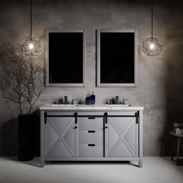 Marsyas 60 in W x 22 in D Dark Grey Double Bath Vanity, Carrara Marble Countertop and 24 in Mirrors