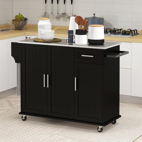 Ziyudura Black stainless steel Top 18 in. Kitchen Island Cart with 3 Door Cabinet and Drawers, Spice Rack