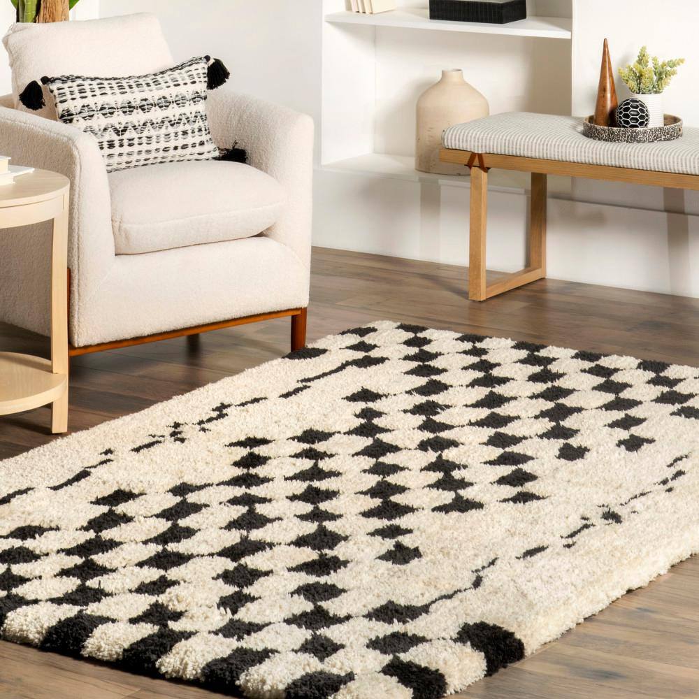 Ivory and Black Checkered Shag Synthetic Area Rug