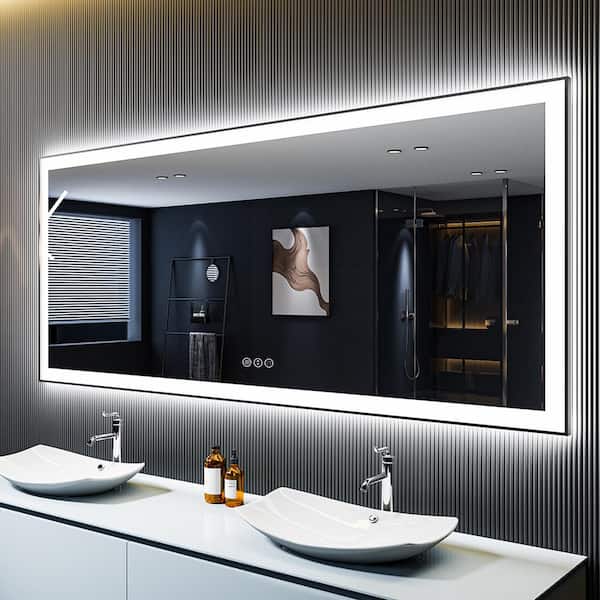 84 in. W x 32 in. H Rectangular Framed Front and Back LED Lighted Anti-Fog Wall Bathroom Vanity Mirror in Tempered Glass