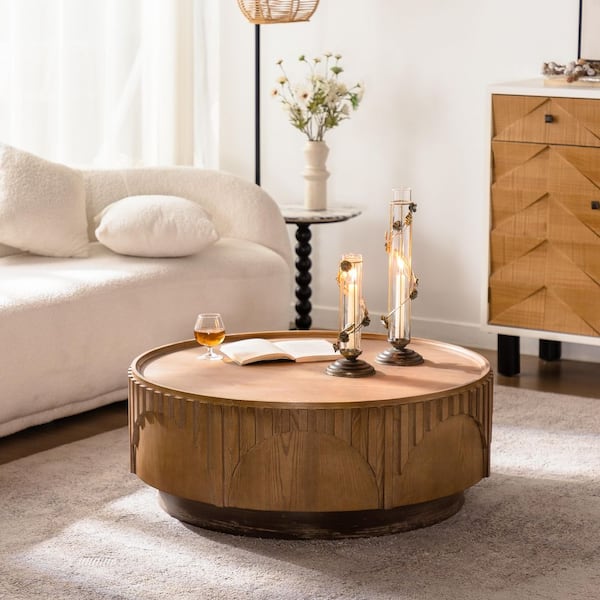 Connie 36.22 in. Natural Wood Round MDF Solid Wood Veneer Modern Coffee Table with Sturdy Pedestal