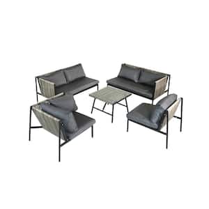 5-Piece Rattan Wicker Patio Conversation Set Outdoor Garden Sofa Set with Dark Grey Cushions