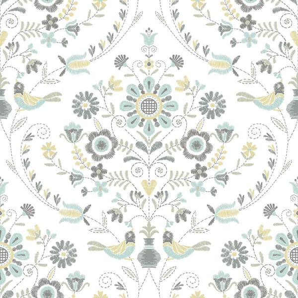 A-Street Prints Britt Sea Green Embroidered Damask Wallpaper Sample