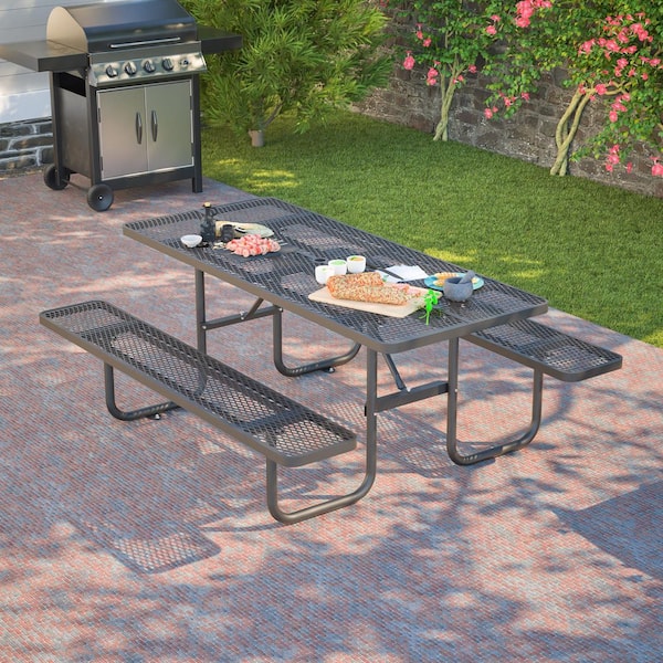 72.2 in. Black Rectangle Steel Picnic Table Seats 4-6 People with Umbrella Hole