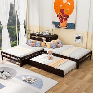 134.90 in. W Espresso Full Size L-shaped Platform Beds with Twin Size Trundle and Drawers