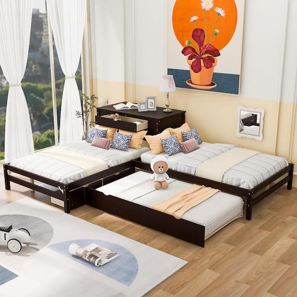 GOJANE 134.90 in. W Espresso Full Size L-shaped Platform Beds with Twin Size Trundle and Drawers