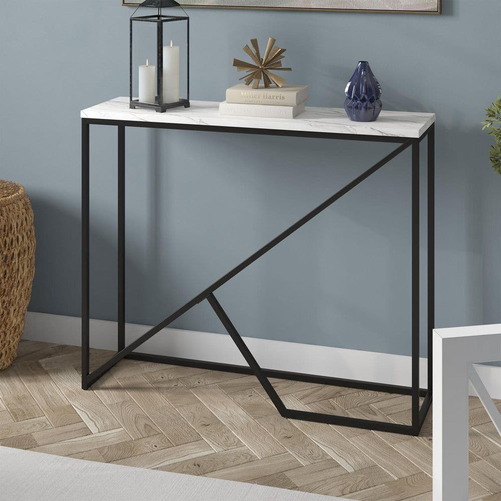 Simplistic Elegance 36" Blackened Bronze Console Table with Faux Marble Top