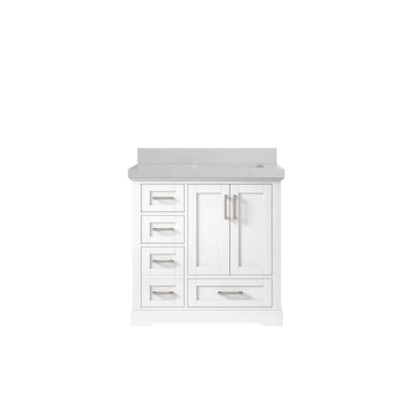 Willow Collections Boston 36 in. W x 22 in. D x 36 in. H Right Offset Sink Bath Vanity in White with 2" Carrara Quartz Top