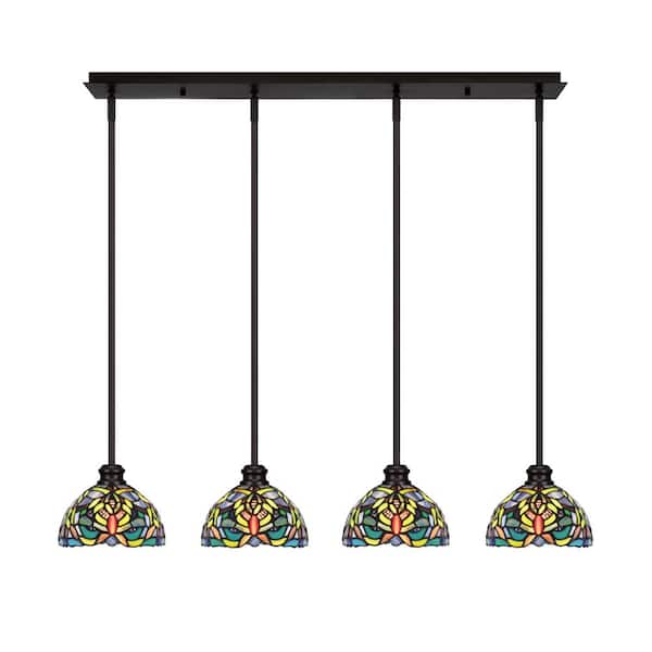 Unbranded Albany 60-Watt 4-Light Espresso Linear Pendant Light with Kaleidoscope Art Glass Shades and No Bulbs Included
