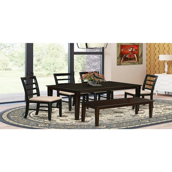 East West Furniture 6-Piece Rectangle Cappuccino Finish Solid Wood Top Dining Table with 1 Bench, 4 Chairs with Lattice Back
