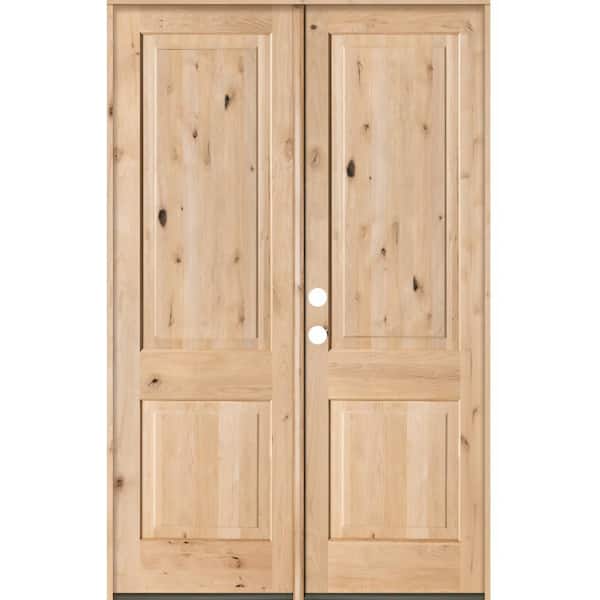 64 in. x 96 in. Rustic Knotty Alder 2-Panel Square Top Unfinished Right-Hand Inswing Wood Double Prehung Front Door