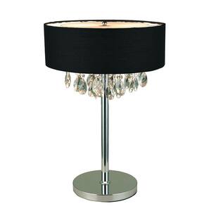 Romazzino Crystal Collection 22.25 in. Chrome Table Lamp with Black Ruched Fabric Drum Shade