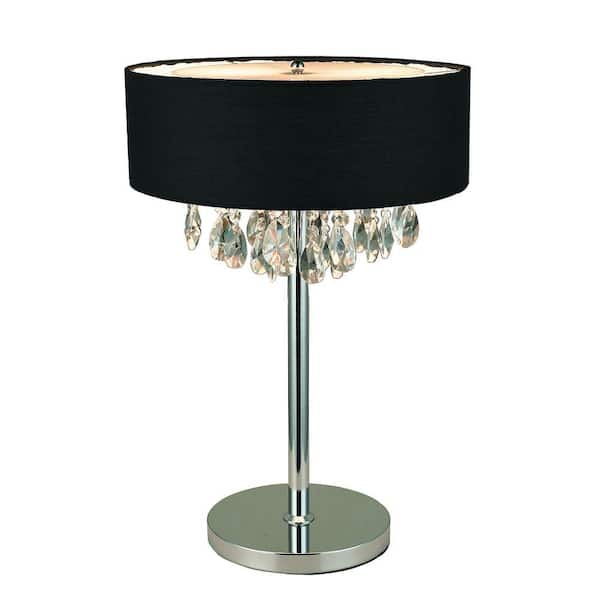 Elegant Designs Romazzino Crystal Collection 22.25 in. Chrome Table Lamp with Black Ruched Fabric Drum Shade