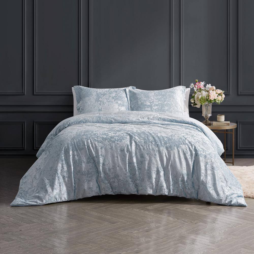 Rochelle Outline Floral Blue 3-Piece Crushed Velvet Comforter Set-Full/Quee