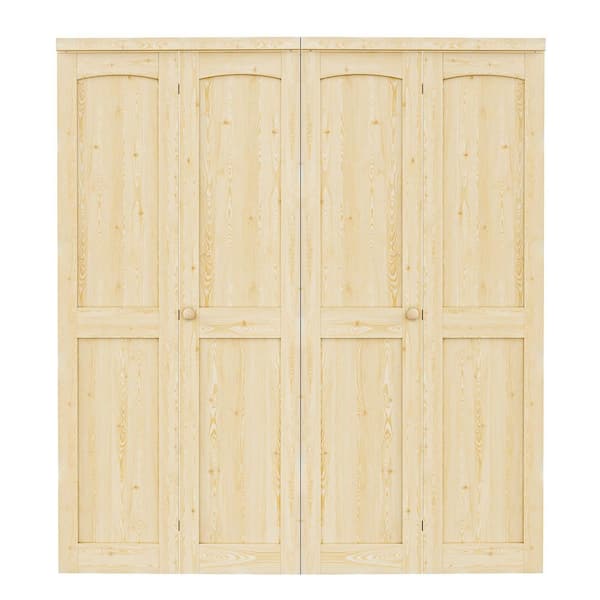 72 in. x 80 in. Arch Panel 2-Lite Solid Core Unfinished Pine Wood Interior Closet Bi-Fold Door with Hardware