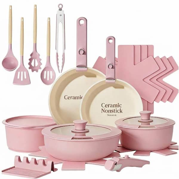 21-Piece Aluminum Nonstick Cookware Set in Pink, Healthy Ceramic Coating, Removable Handle, Oven Safe