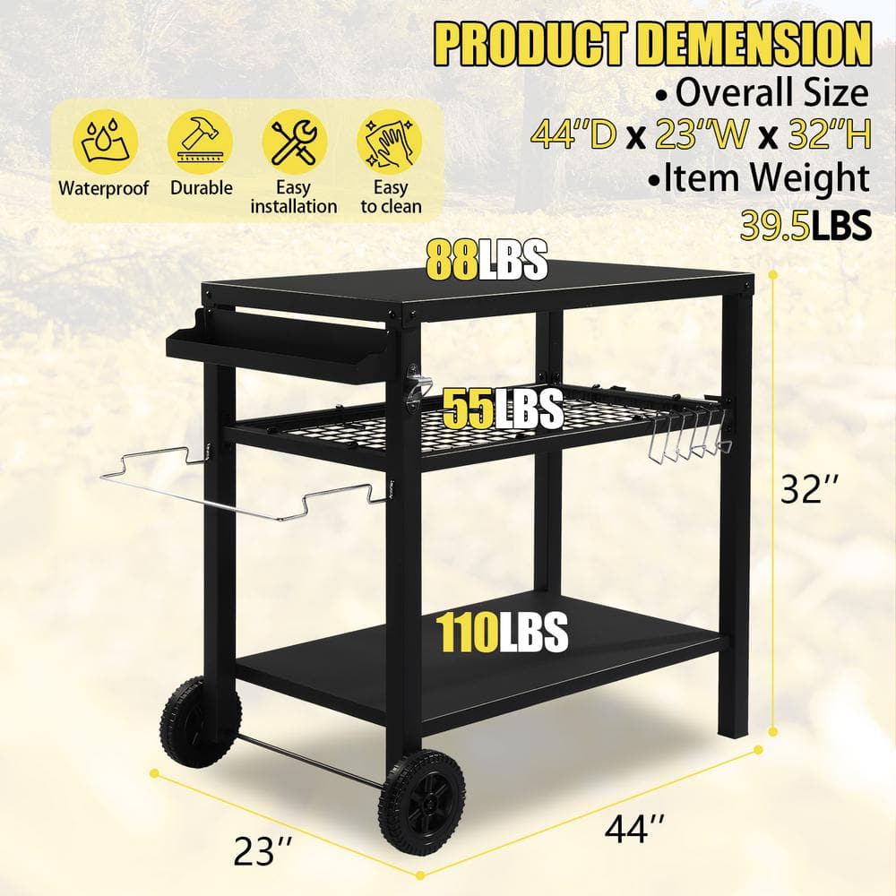 Black Iron 3-Shelf Outdoor Grill Cart with Wheels