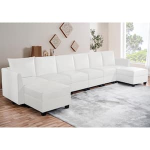 112.8 in. Modern Faux Leather 6 Seater Upholstered Sectional Sofa with Double Ottoman in. Bright White