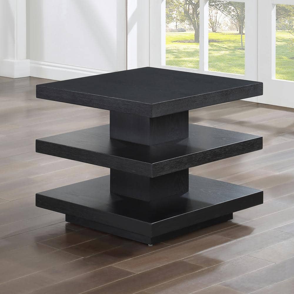Black Square Pedestal End Table with Oak Veneers