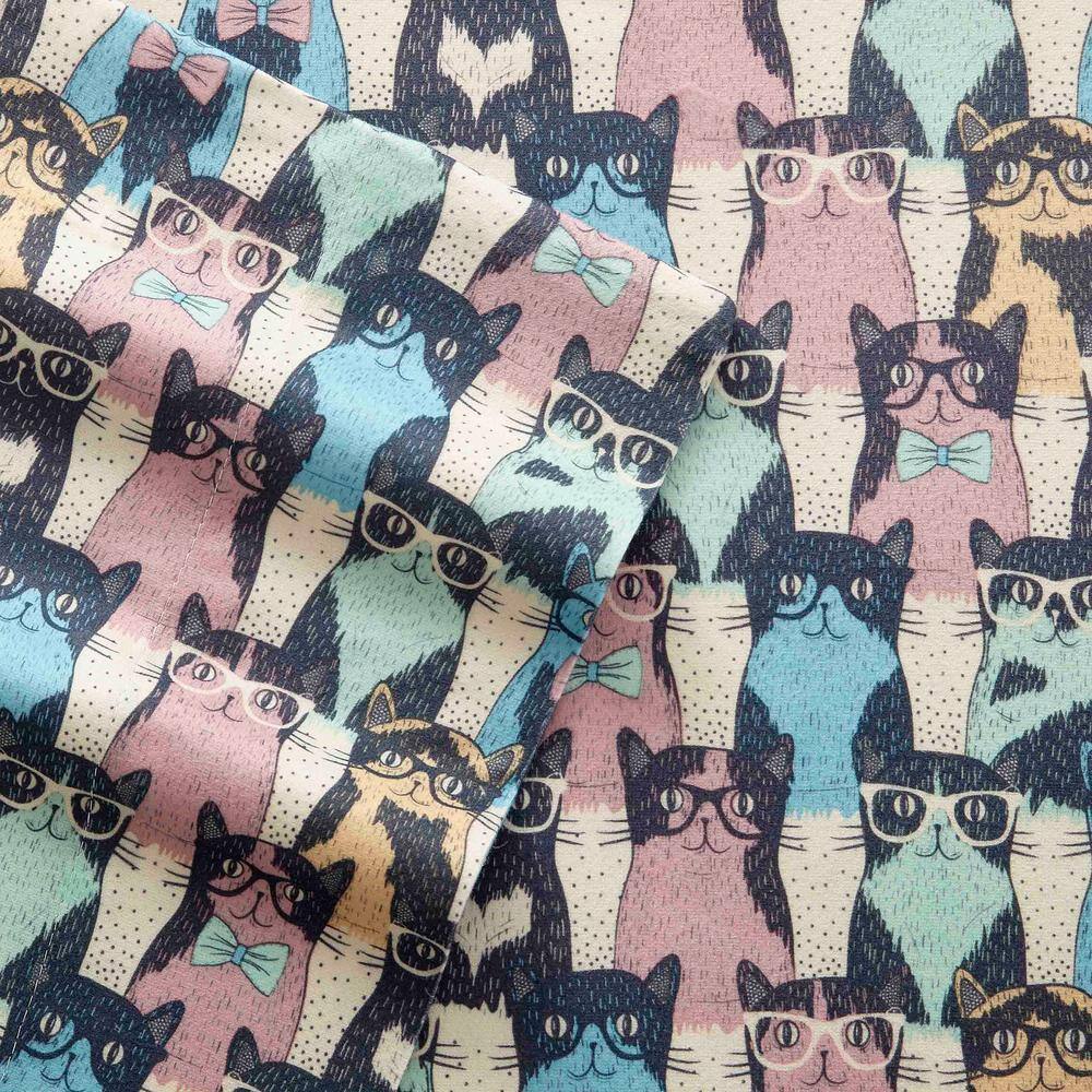 Twin XL Kool Kats Print Cotton Polyester Flannel Sheet Set