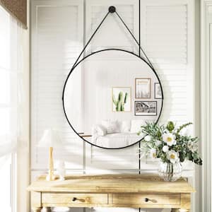 23.6 in. W x 23.6 in. H Round Mirror with Hanging Leather Strap Aluminum Frame Black Wall Mirror
