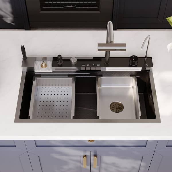 31.5 in. L Drop-in Single Bowl Black 18 Gauge Stainless Steel Kitchen Sink with Digital Display Pull-Down Faucet
