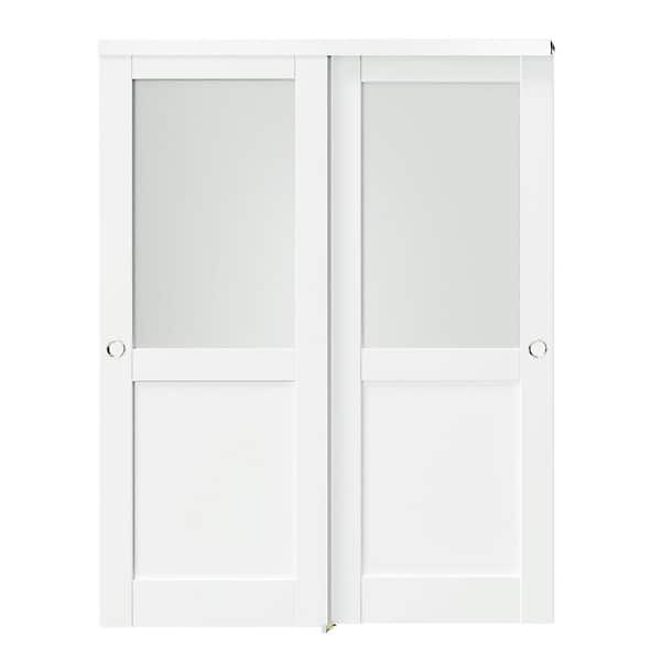 TENONER 64 in. x 80 in. White, Solid Core MDF, 1/2 Lite, Double Frosted Glass Panel Bypass Sliding Door with Aluminium Hardware