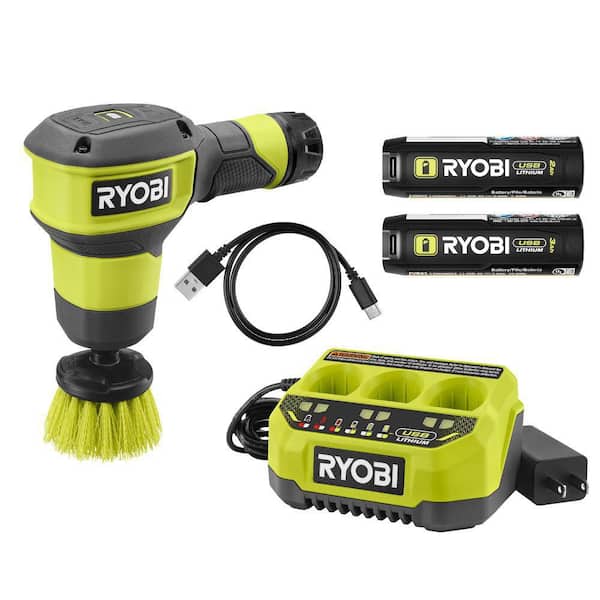 USB Lithium Compact Scrubber Kit with 2 Ah Battery, Charging Cord, 2 in. Brush, 3 Ah Battery, and 3-Port Charger